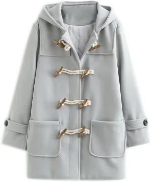 Womens Fashion Horn Button Woolen Thicken Coat with Hood Winter Warm Quilted Lined Jacket Double Breasted Trench Coats