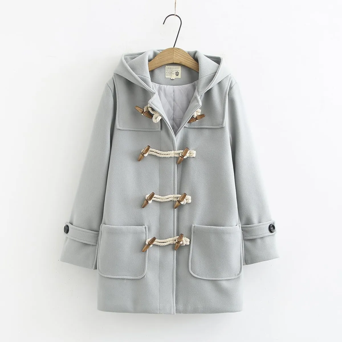Womens Fashion Horn Button Woolen Thicken Coat with Hood Winter Warm Quilted Lined Jacket Double Breasted Trench Coats