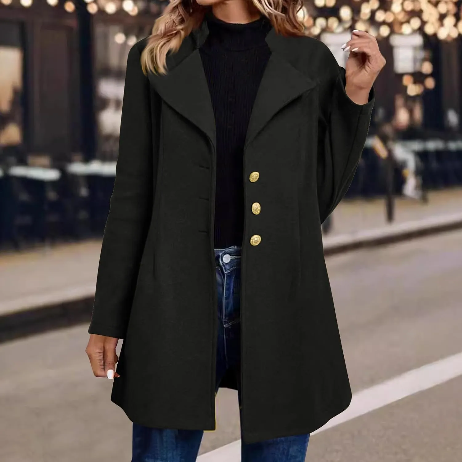 Womens Fashion Trench Coat Wool Blend Single Breasted Woolen Pea Coats Long Sleeve Business Casual Long Jackets