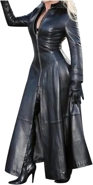 Womens Faux Leather Jacket Fashion Sexy Long Pu Moto Jackets Fall Plus Size Zipper Slim Fit Mock Neck Trench Coats