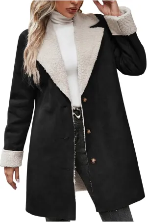 Womens Faux Suede Trench Coats Fuzzy Sherpa Lined Long Jackets Notched Lapel Button Down Winter Warm Outerwear