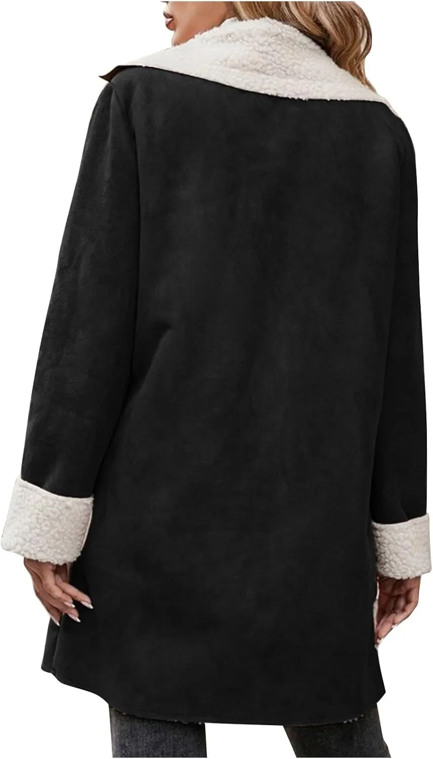 Womens Faux Suede Trench Coats Fuzzy Sherpa Lined Long Jackets Notched Lapel Button Down Winter Warm Outerwear