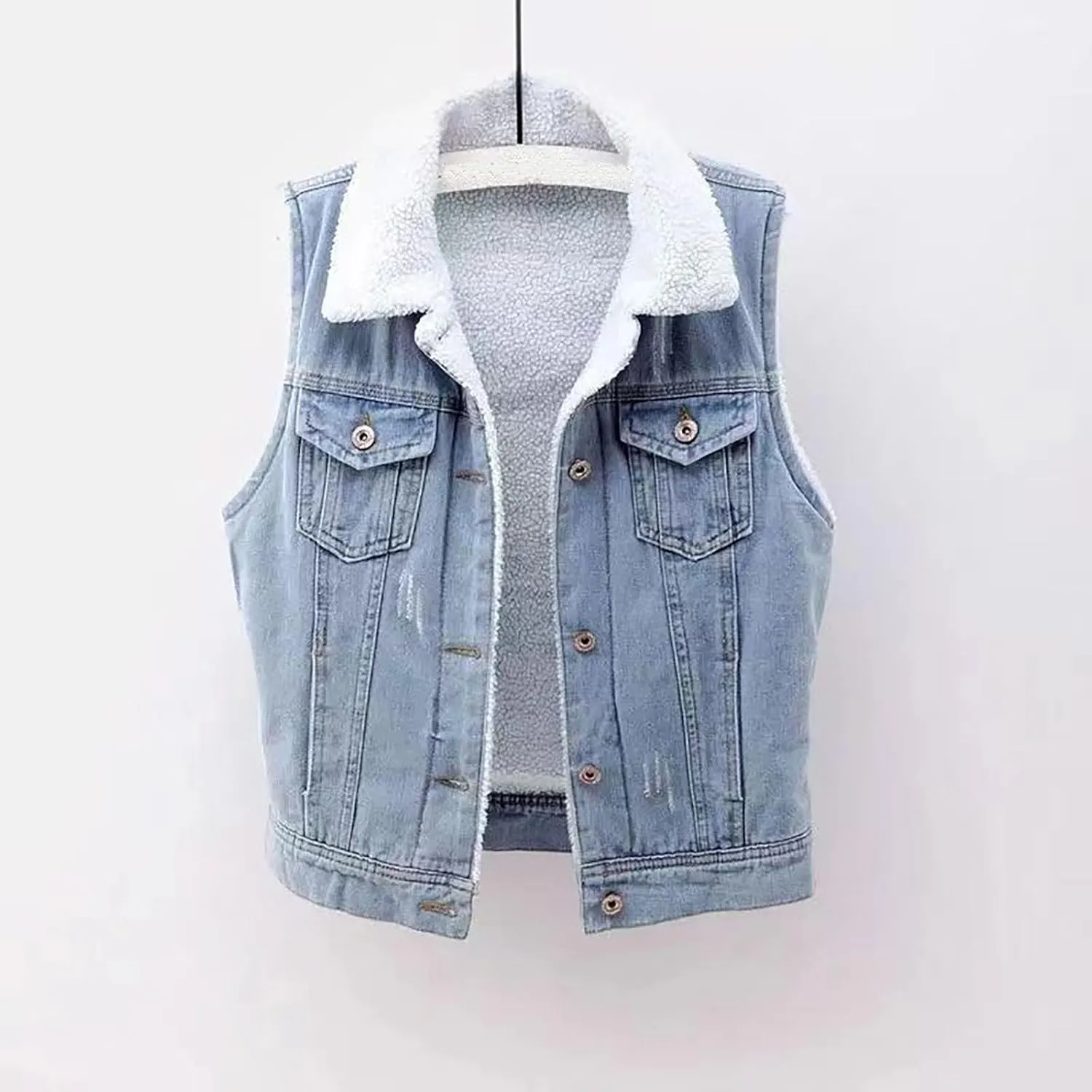 Womens Fleece Warm Jean Vest Button Down Sleeveless Fashion Jackets Sherpa Lined Teen Girls Trendy Soft Vest Jackets