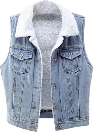 Womens Fleece Warm Jean Vest Button Down Sleeveless Fashion Jackets Sherpa Lined Teen Girls Trendy Soft Vest Jackets
