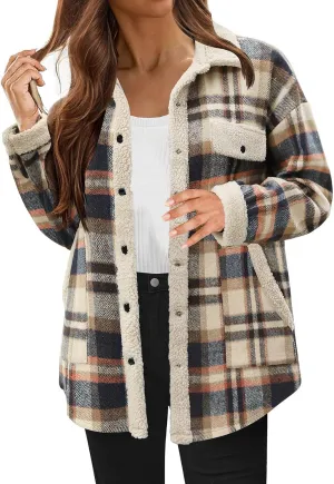 Women's Fuzzy Fleece Lined Jacket Flannel Sherpa Plaid Shacket Jackets Fall Winter Button Down Long Sleeve Coat