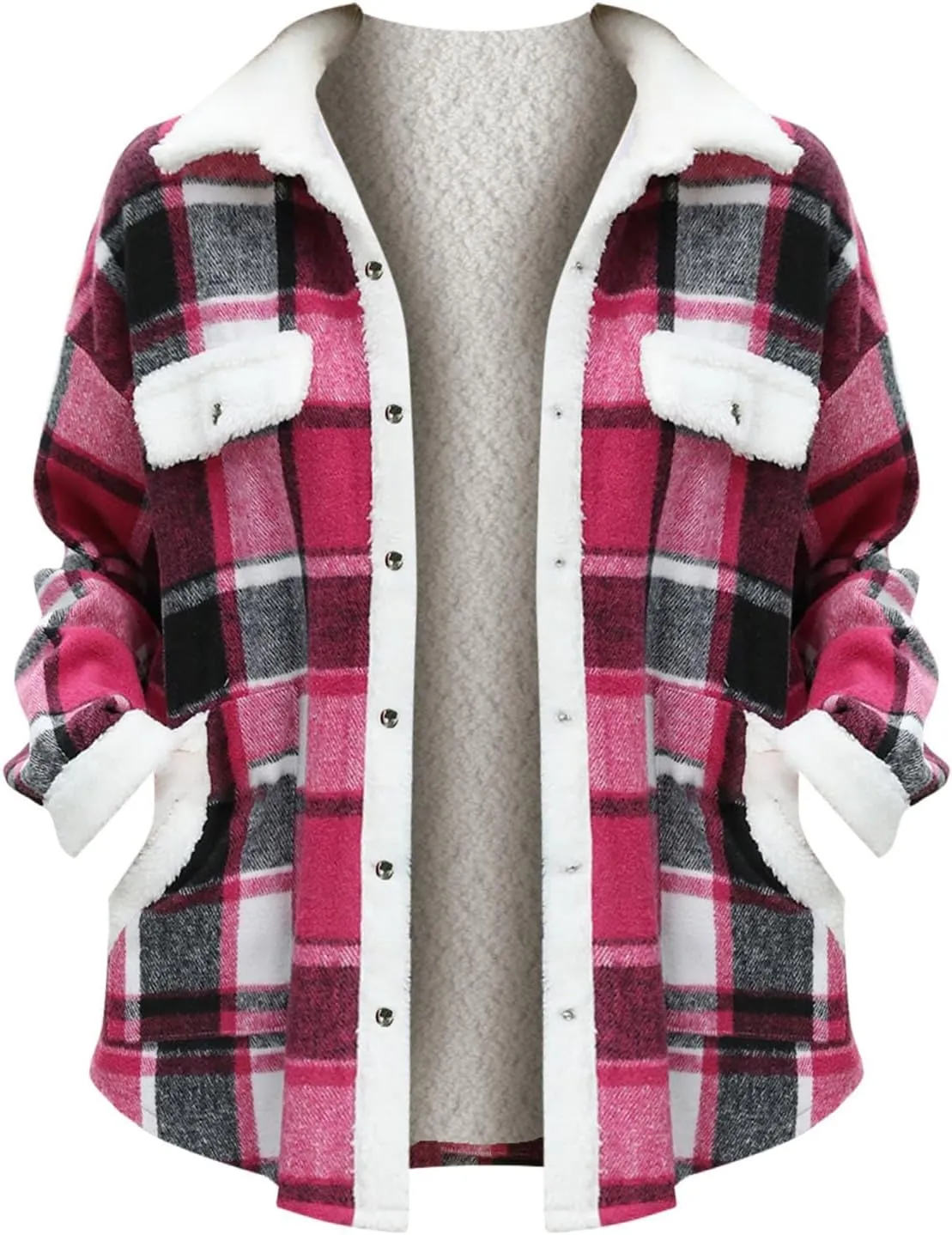 Women's Fuzzy Fleece Lined Jacket Flannel Sherpa Plaid Shacket Jackets Fall Winter Button Down Long Sleeve Coat
