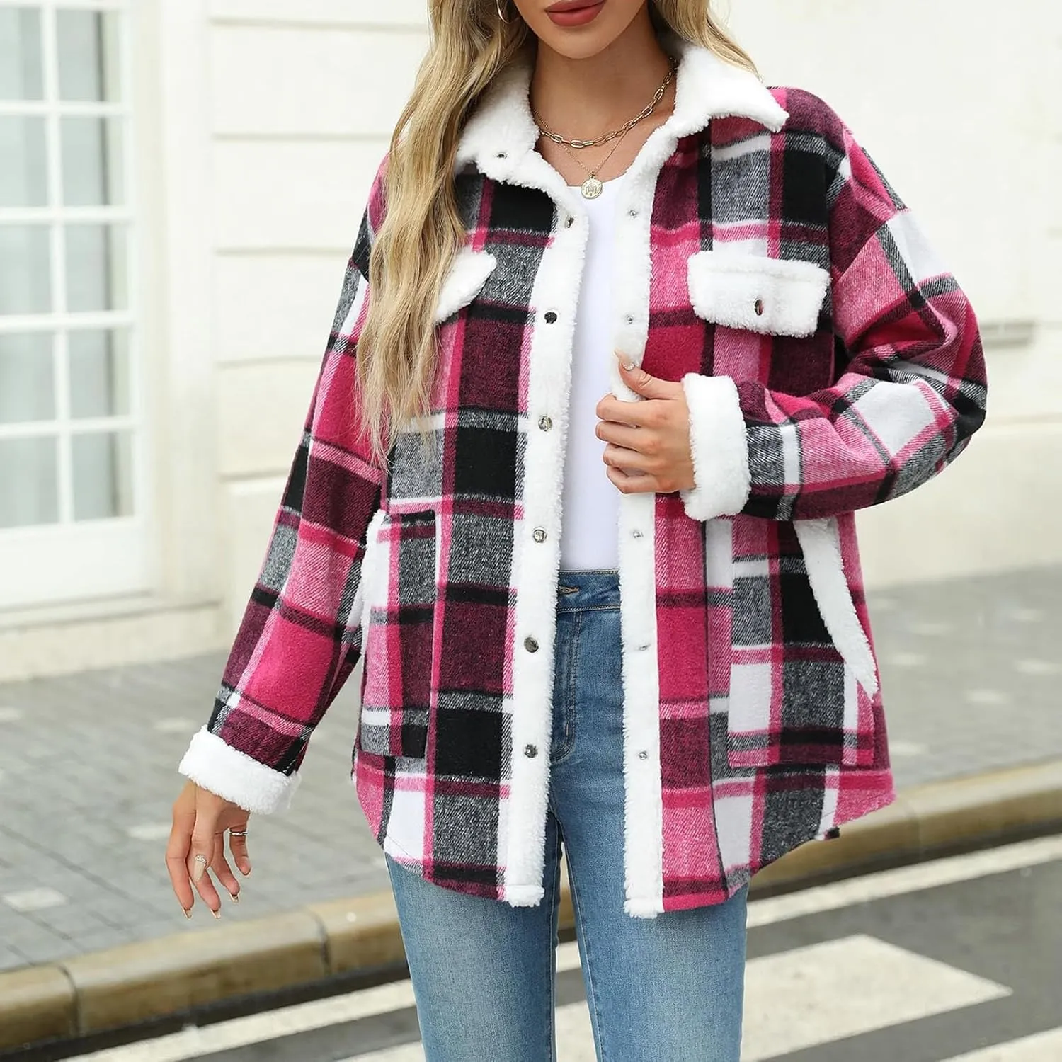Women's Fuzzy Fleece Lined Jacket Flannel Sherpa Plaid Shacket Jackets Fall Winter Button Down Long Sleeve Coat