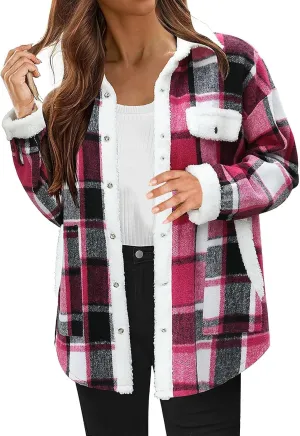 Women's Fuzzy Fleece Lined Jacket Flannel Sherpa Plaid Shacket Jackets Fall Winter Button Down Long Sleeve Coat