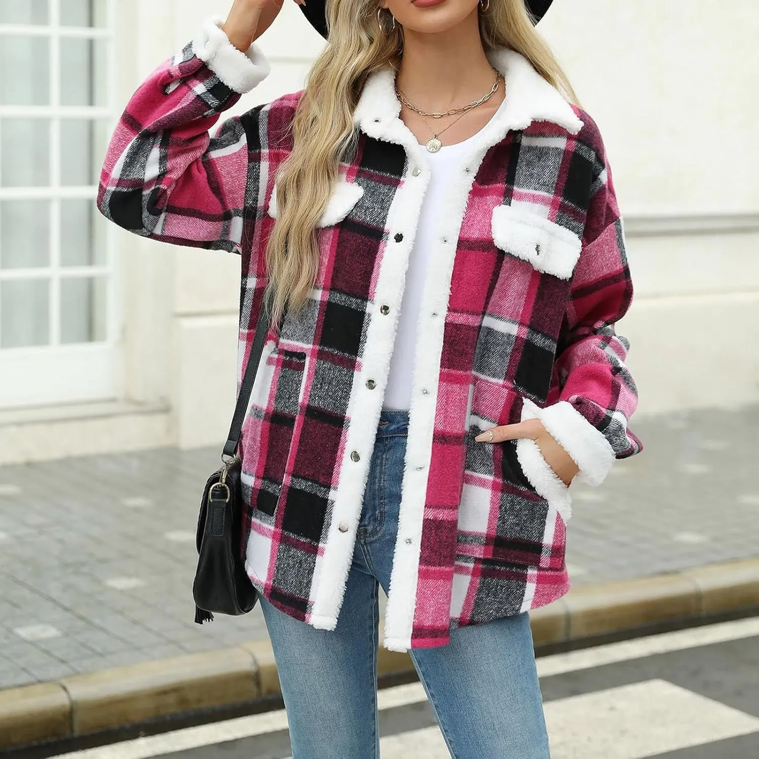 Women's Fuzzy Fleece Lined Jacket Flannel Sherpa Plaid Shacket Jackets Fall Winter Button Down Long Sleeve Coat
