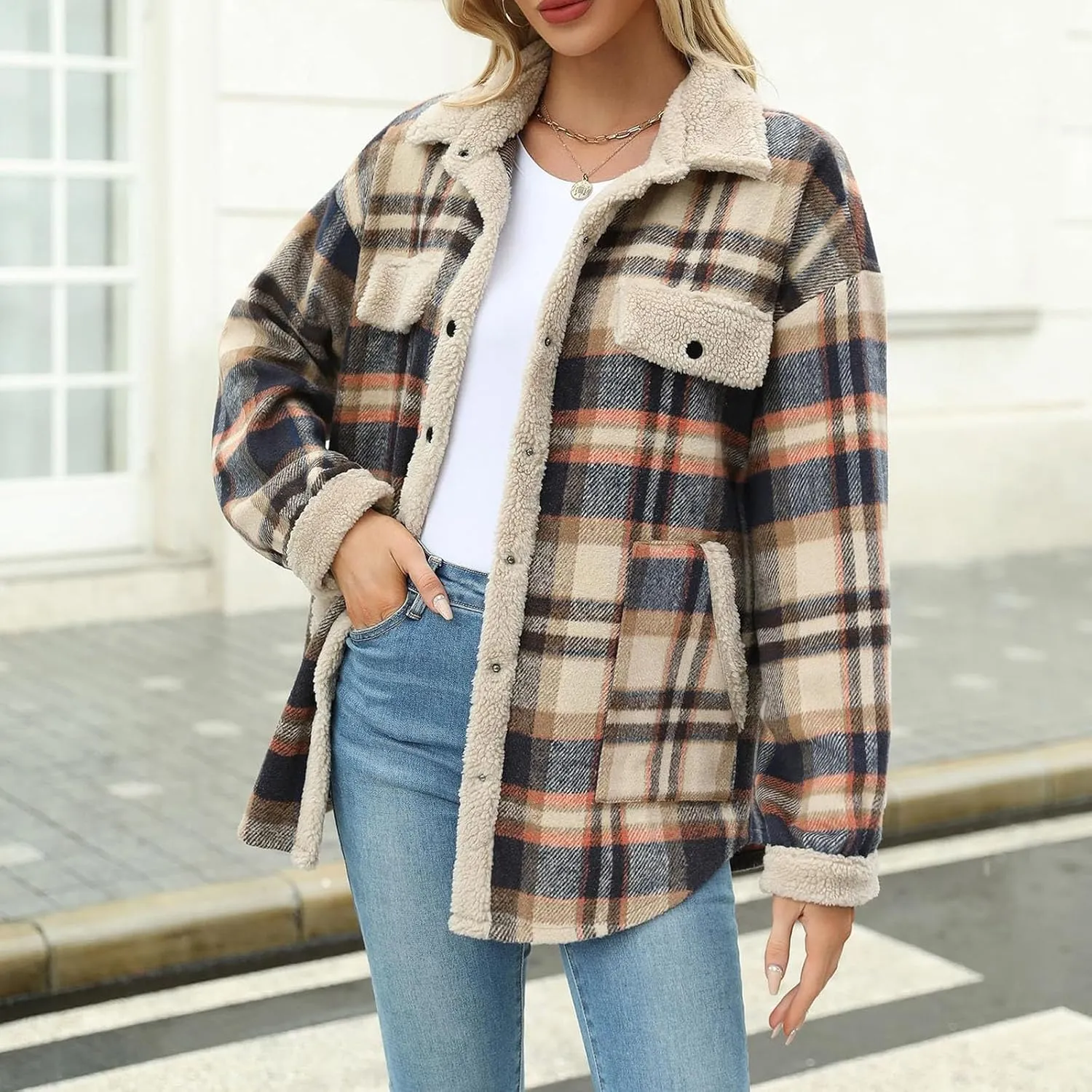 Women's Fuzzy Fleece Lined Jacket Flannel Sherpa Plaid Shacket Jackets Fall Winter Button Down Long Sleeve Coat