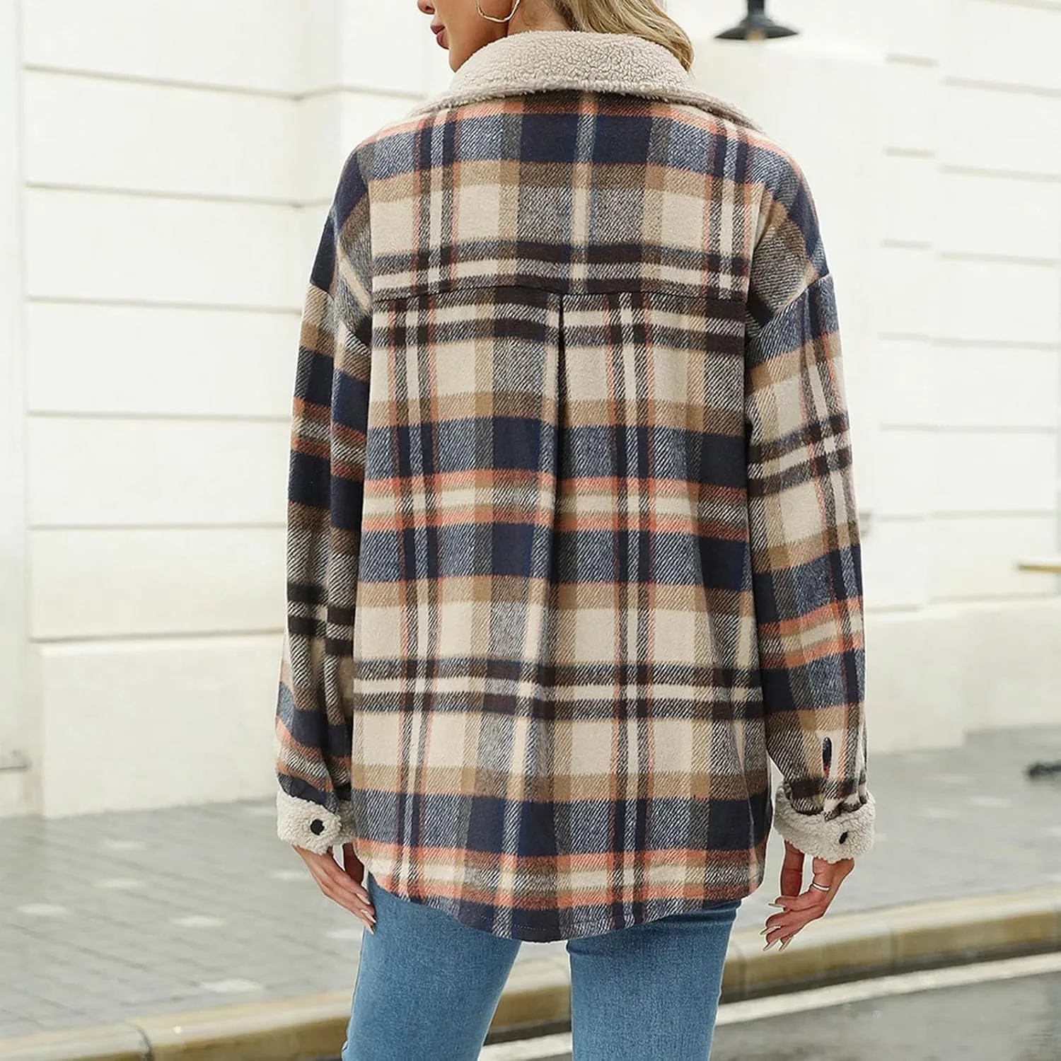 Women's Fuzzy Fleece Lined Jacket Flannel Sherpa Plaid Shacket Jackets Fall Winter Button Down Long Sleeve Coat