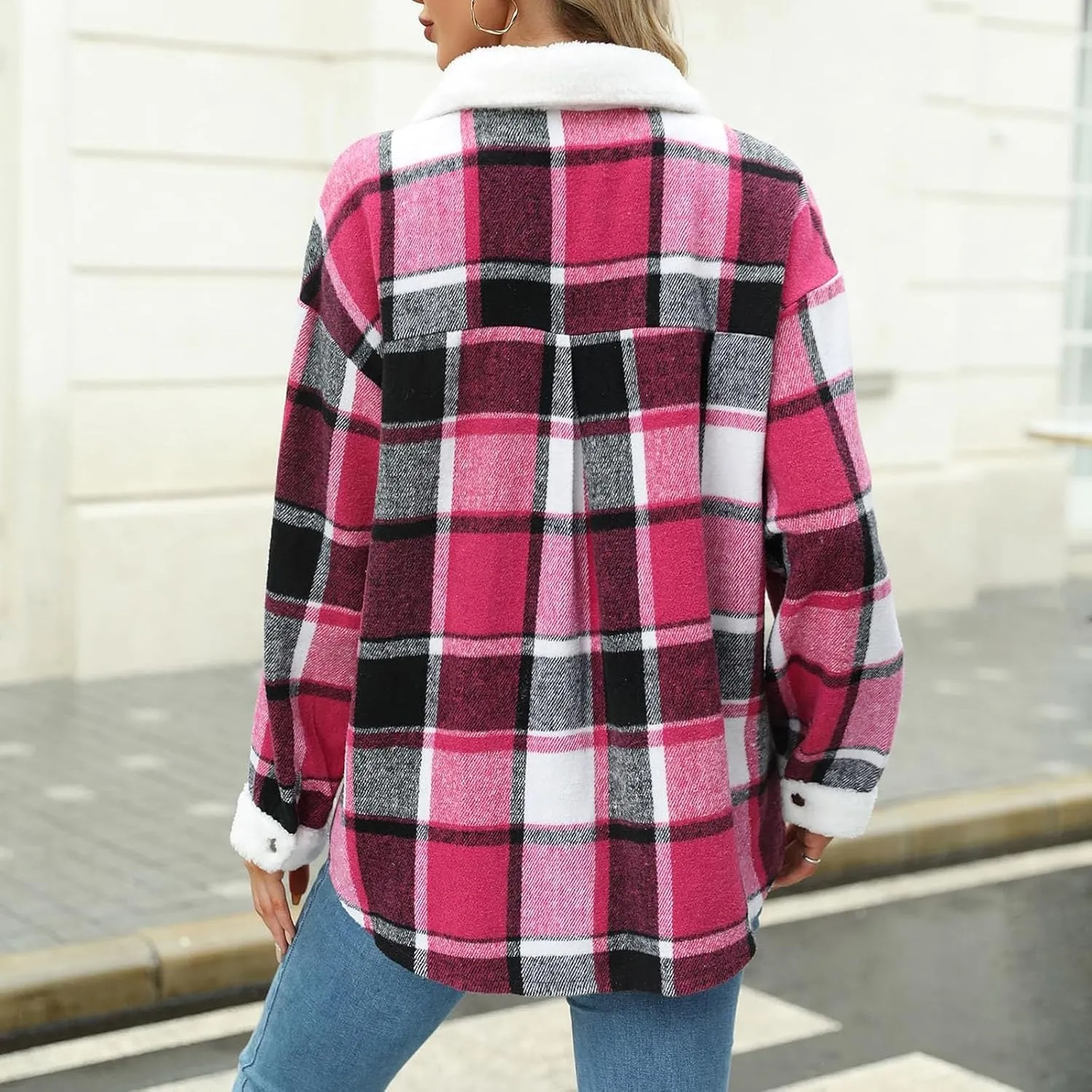Women's Fuzzy Fleece Lined Jacket Flannel Sherpa Plaid Shacket Jackets Fall Winter Button Down Long Sleeve Coat