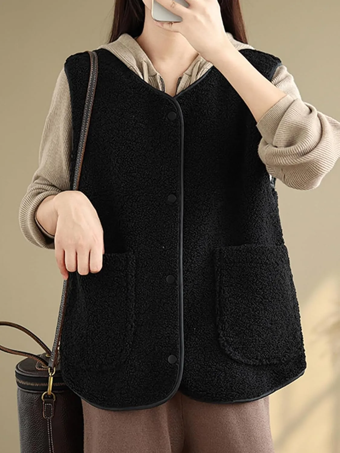 Women's Fuzzy Sherpa Fleece Vest Casual Reversible Plaid Sleeveless Warm Jacket Button Down Winter Outerwear