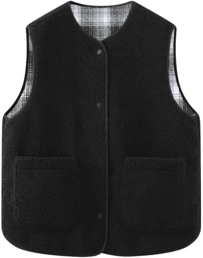 Women's Fuzzy Sherpa Fleece Vest Casual Reversible Plaid Sleeveless Warm Jacket Button Down Winter Outerwear