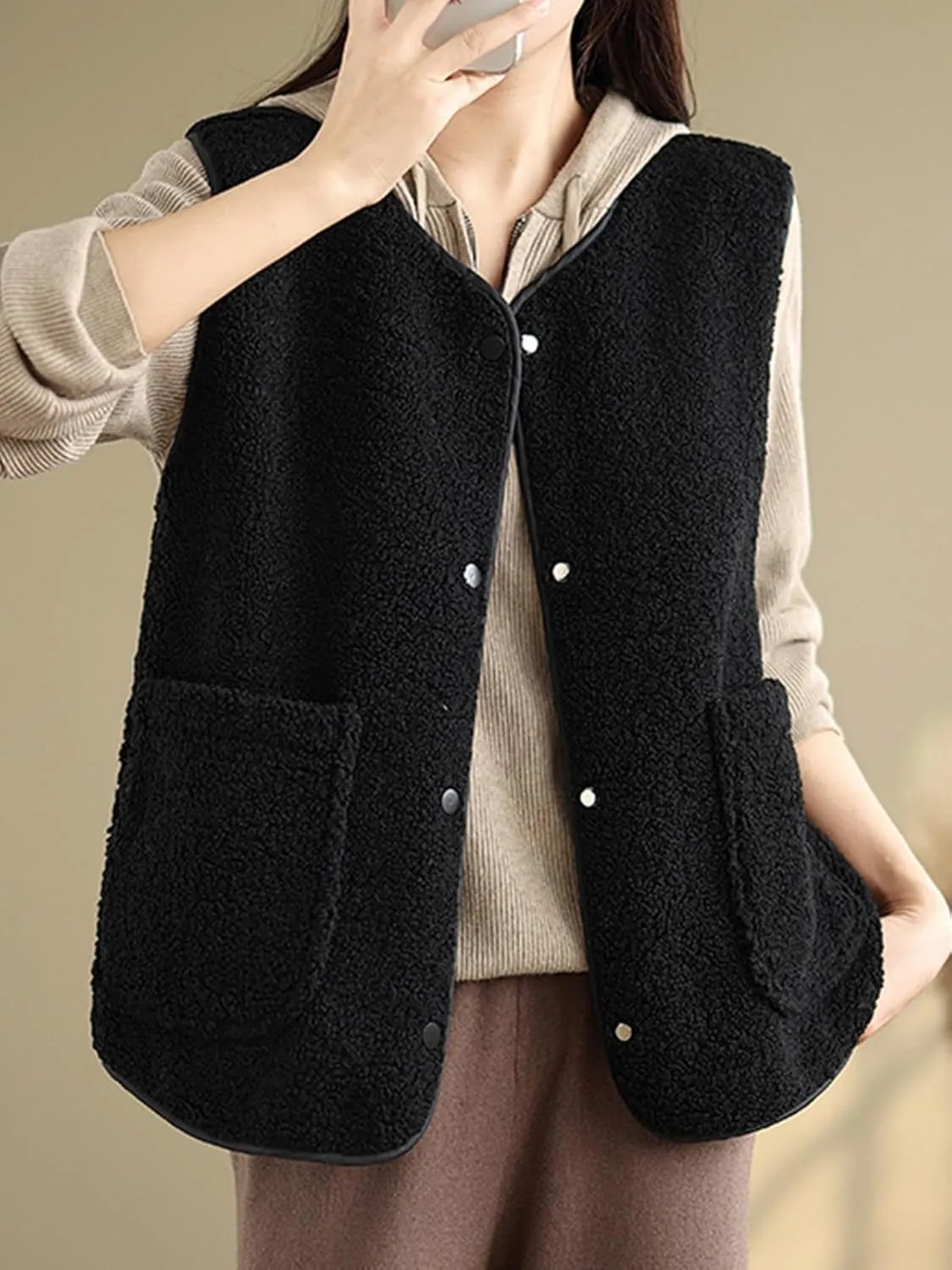 Women's Fuzzy Sherpa Fleece Vest Casual Reversible Plaid Sleeveless Warm Jacket Button Down Winter Outerwear