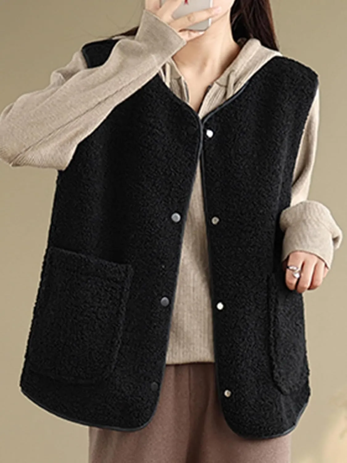 Women's Fuzzy Sherpa Fleece Vest Casual Reversible Plaid Sleeveless Warm Jacket Button Down Winter Outerwear