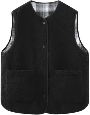 Women's Fuzzy Sherpa Fleece Vest Casual Reversible Plaid Sleeveless Warm Jacket Button Down Winter Outerwear