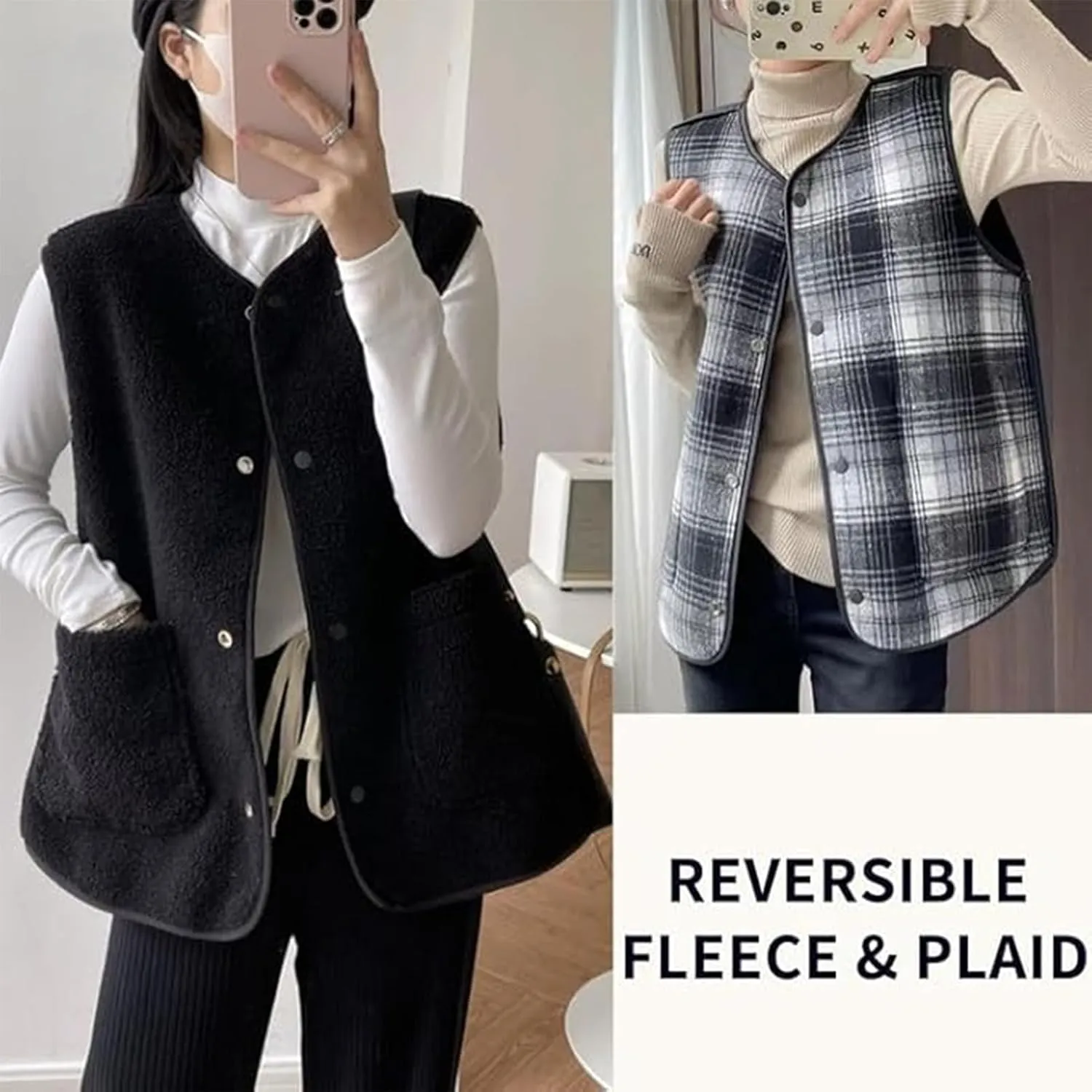 Women's Fuzzy Sherpa Fleece Vest Casual Reversible Plaid Sleeveless Warm Jacket Button Down Winter Outerwear