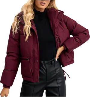 Women's Hiking Puffer Down Jacket Long Sleeve Zip Up Cropped Coat Ski Jackets Winter Lightweight Warm Quilted Outerwear