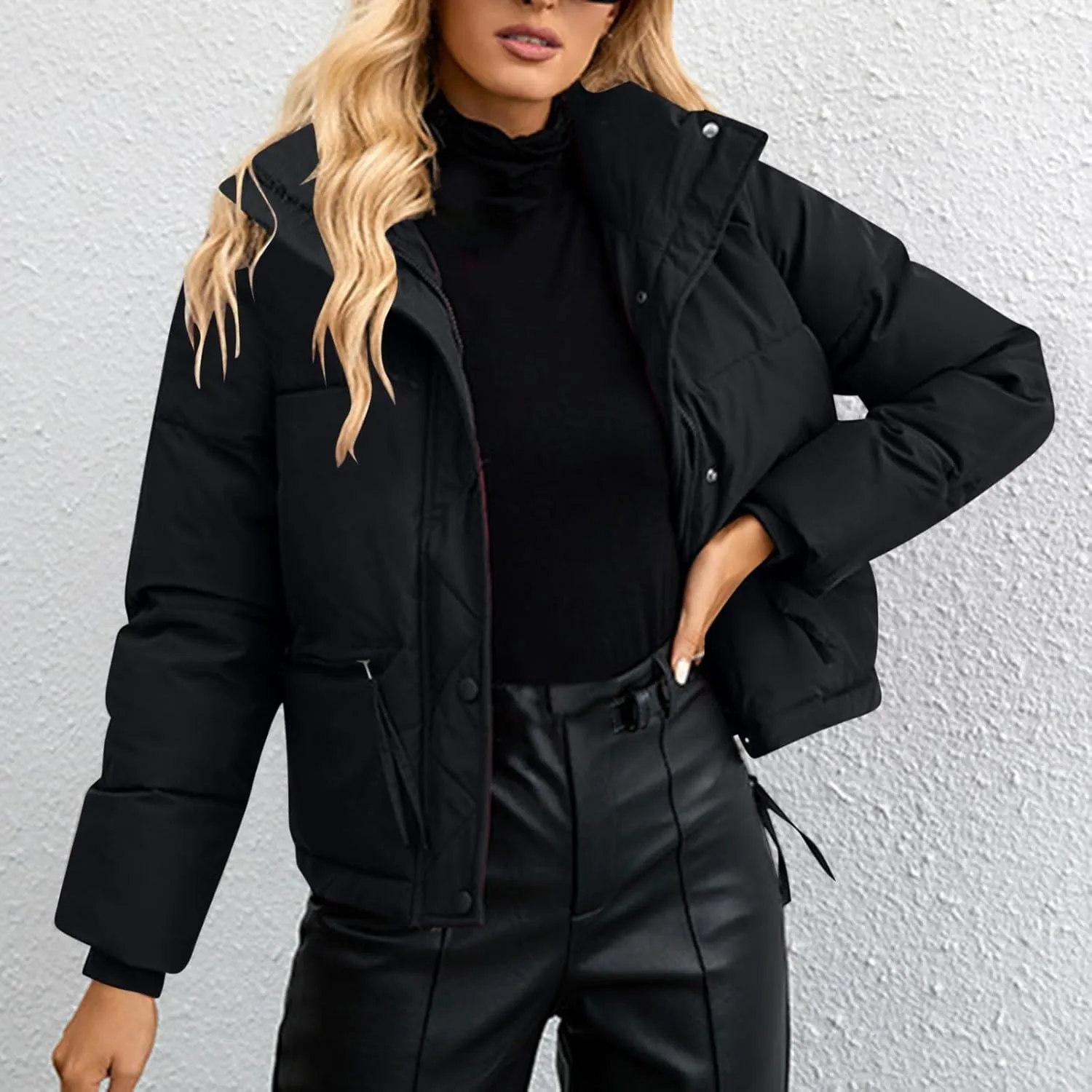 Women's Hiking Puffer Down Jacket Long Sleeve Zip Up Cropped Coat Ski Jackets Winter Lightweight Warm Quilted Outerwear