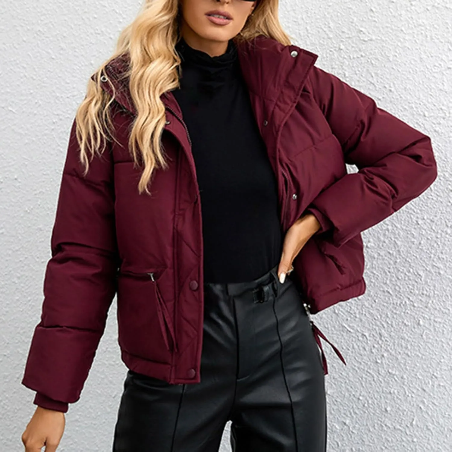 Women's Hiking Puffer Down Jacket Long Sleeve Zip Up Cropped Coat Ski Jackets Winter Lightweight Warm Quilted Outerwear