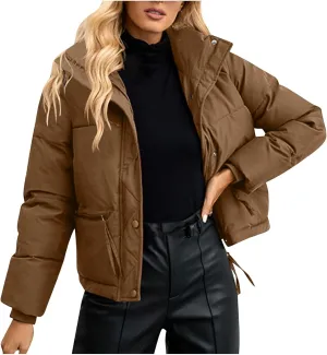 Women's Hiking Puffer Down Jacket Long Sleeve Zip Up Cropped Coat Ski Jackets Winter Lightweight Warm Quilted Outerwear