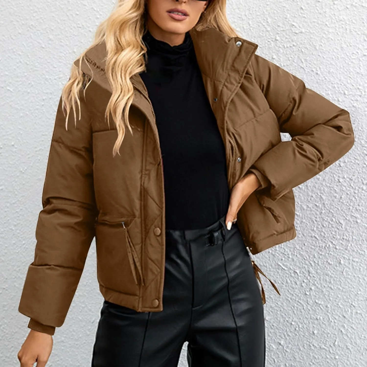 Women's Hiking Puffer Down Jacket Long Sleeve Zip Up Cropped Coat Ski Jackets Winter Lightweight Warm Quilted Outerwear