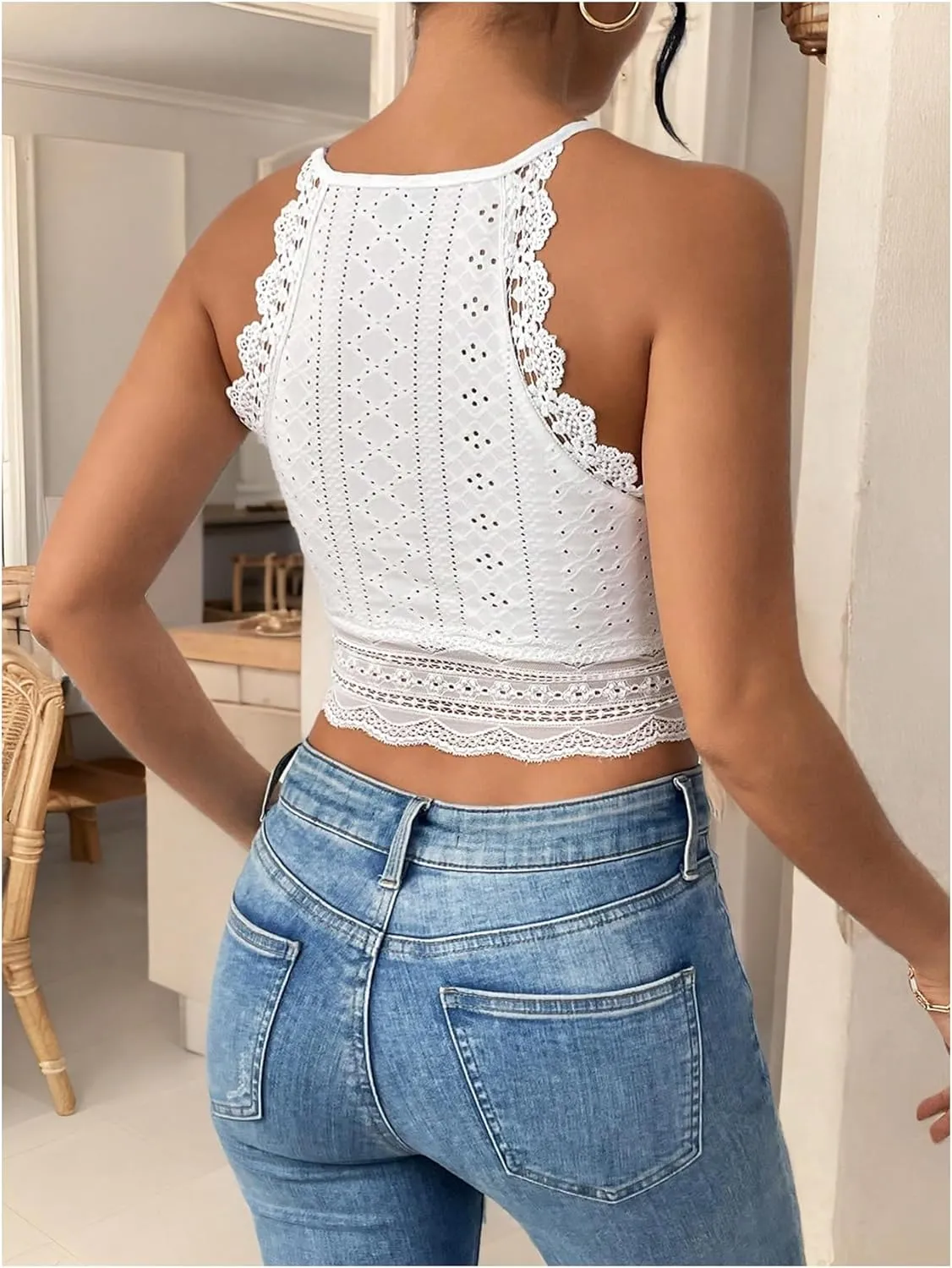 Women's Lace Eyelet Embroidery Halter Boho Top Sleeveless Slim Fit Crop Top