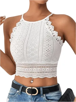 Women's Lace Eyelet Embroidery Halter Boho Top Sleeveless Slim Fit Crop Top