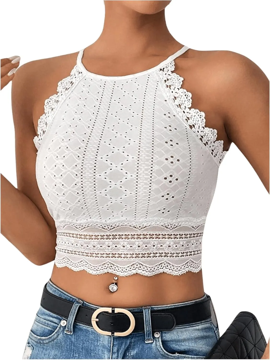 Women's Lace Eyelet Embroidery Halter Boho Top Sleeveless Slim Fit Crop Top