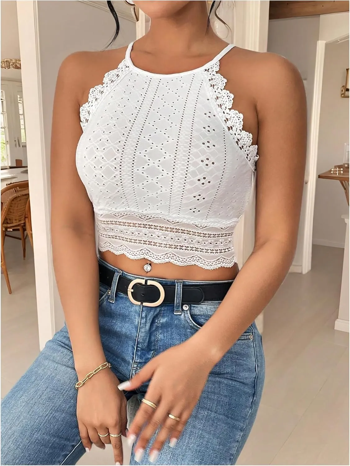 Women's Lace Eyelet Embroidery Halter Boho Top Sleeveless Slim Fit Crop Top