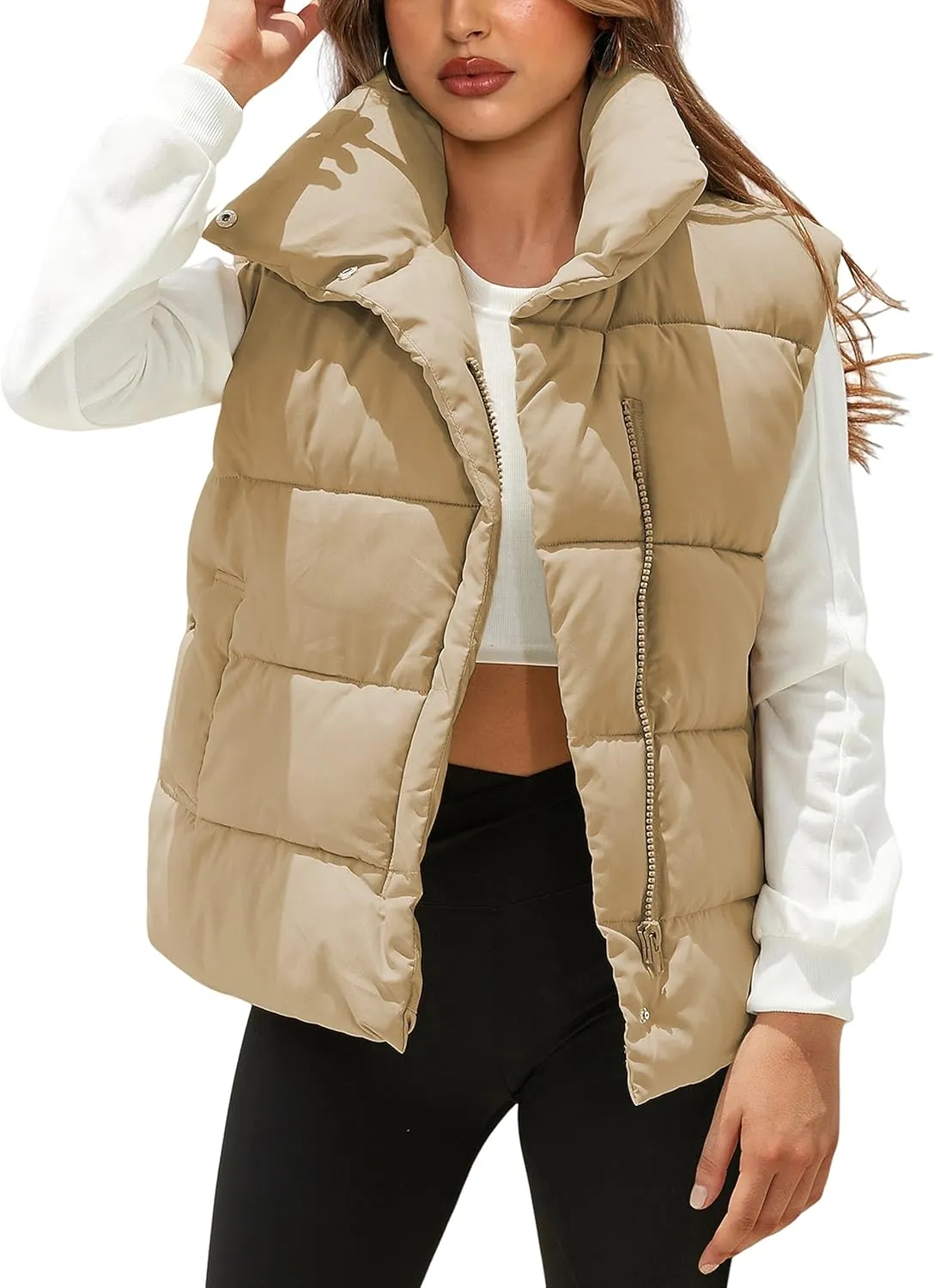 Women's Lightweight Zip Up Puffer Vest Stand Collar Sleeveless Padded Gilet with Pockets