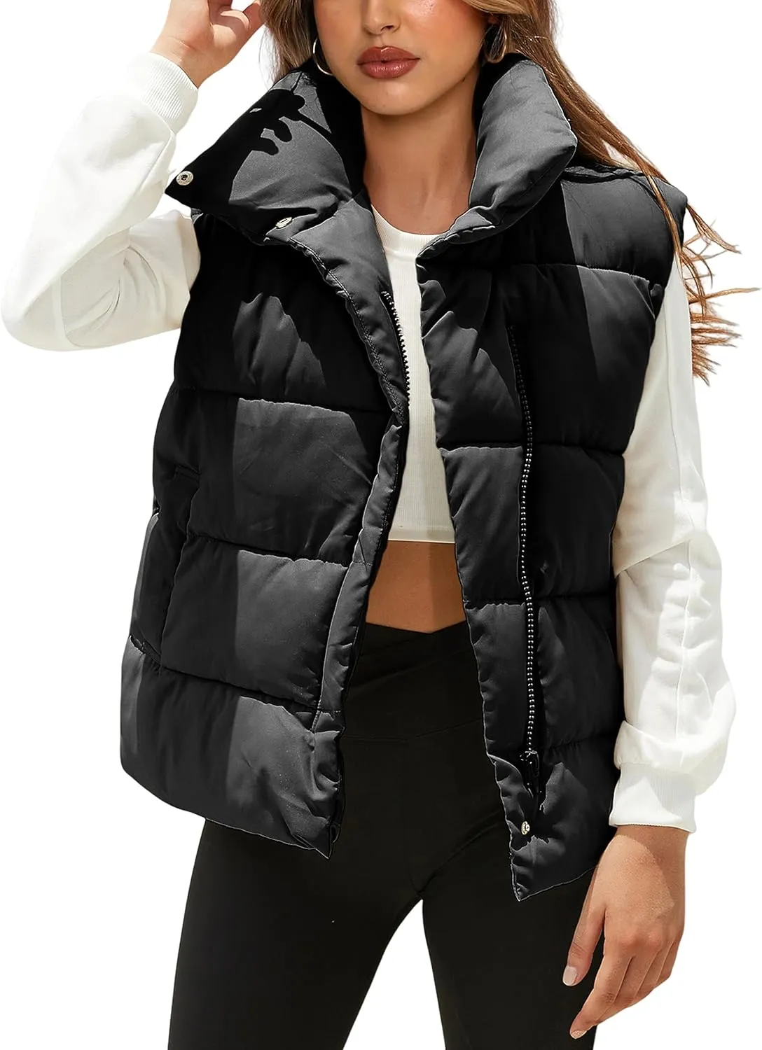 Women's Lightweight Zip Up Puffer Vest Stand Collar Sleeveless Padded Gilet with Pockets