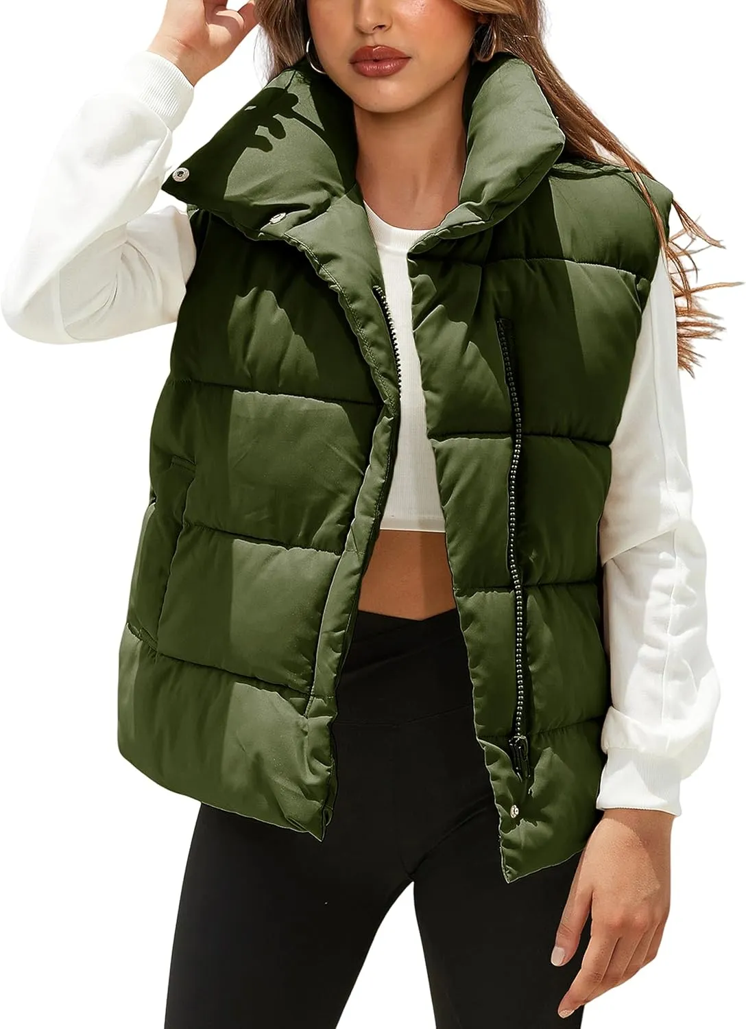 Women's Lightweight Zip Up Puffer Vest Stand Collar Sleeveless Padded Gilet with Pockets