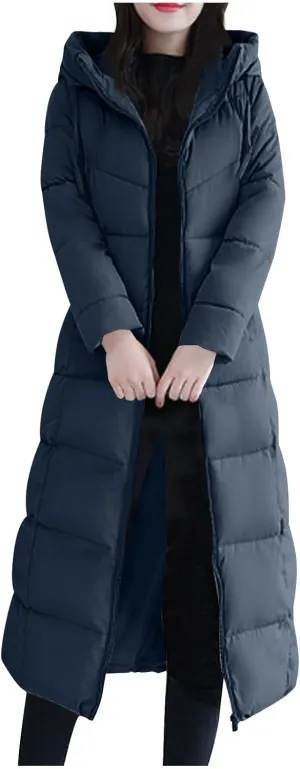 Women's Long Quilted Coat Maxi Length Long Sleeve Puffer Jacket Solid Hooded Padded Coats Thicken Warm Winter Outerwear