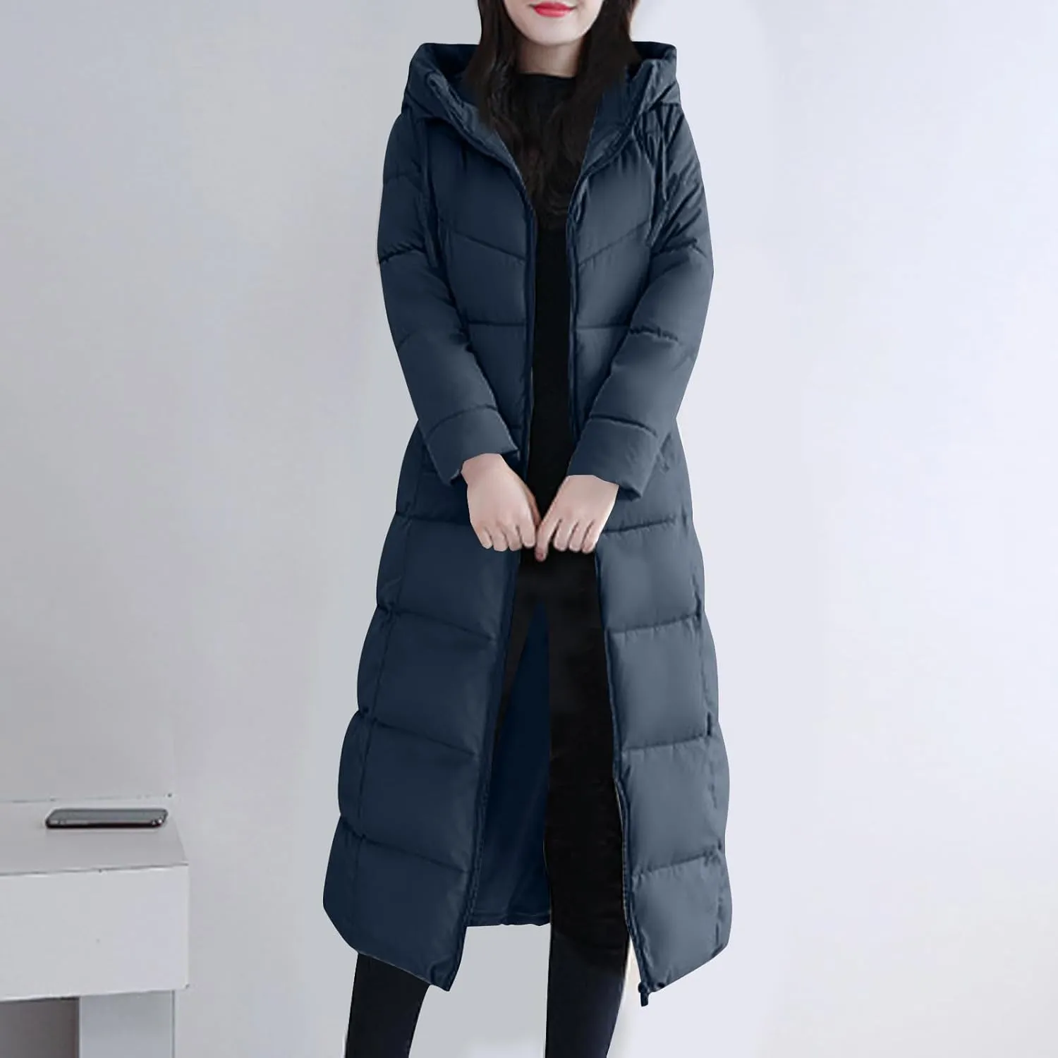 Women's Long Quilted Coat Maxi Length Long Sleeve Puffer Jacket Solid Hooded Padded Coats Thicken Warm Winter Outerwear