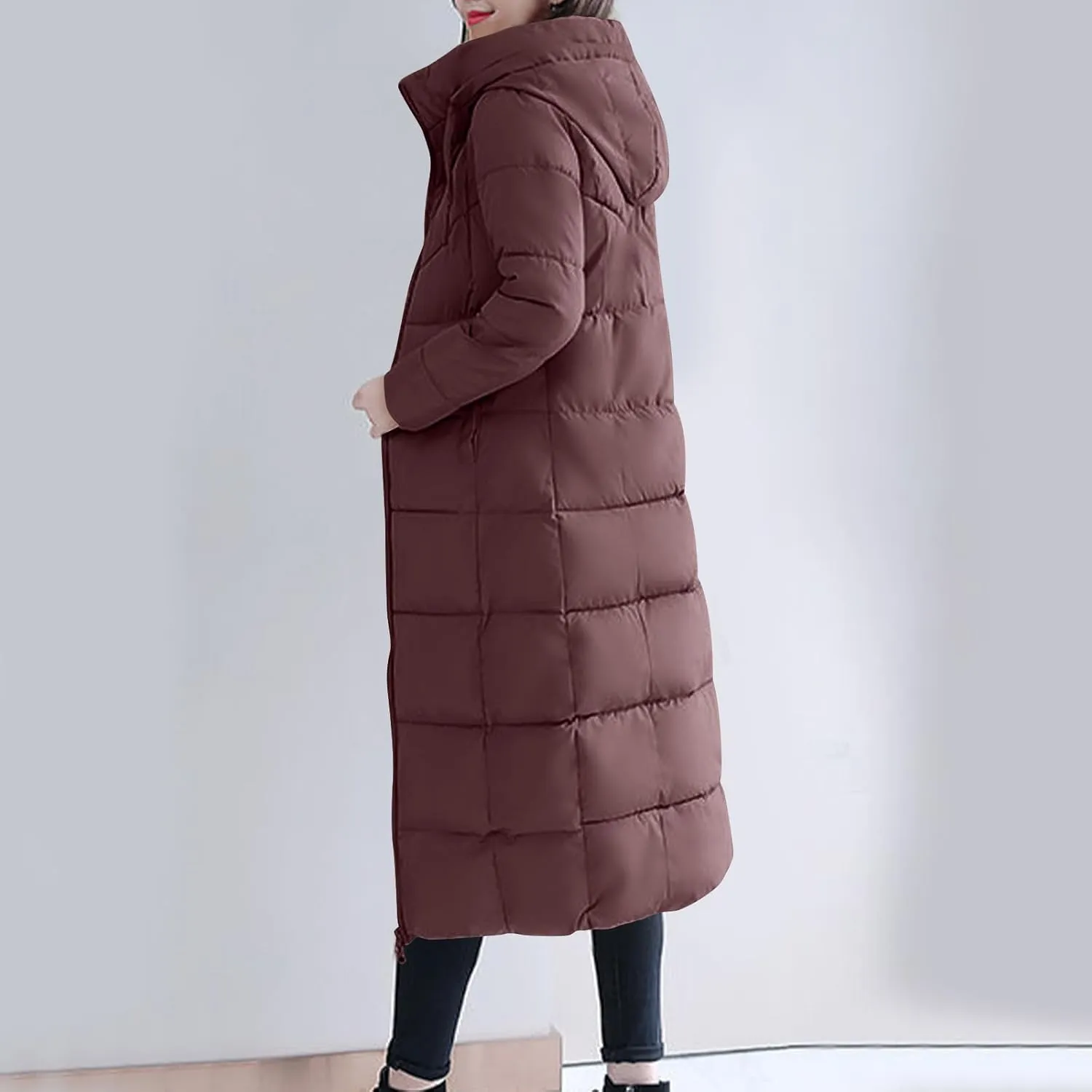 Women's Long Quilted Coat Maxi Length Long Sleeve Puffer Jacket Solid Hooded Padded Coats Thicken Warm Winter Outerwear