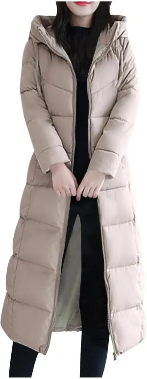 Women's Long Quilted Coat Maxi Length Long Sleeve Puffer Jacket Solid Hooded Padded Coats Thicken Warm Winter Outerwear