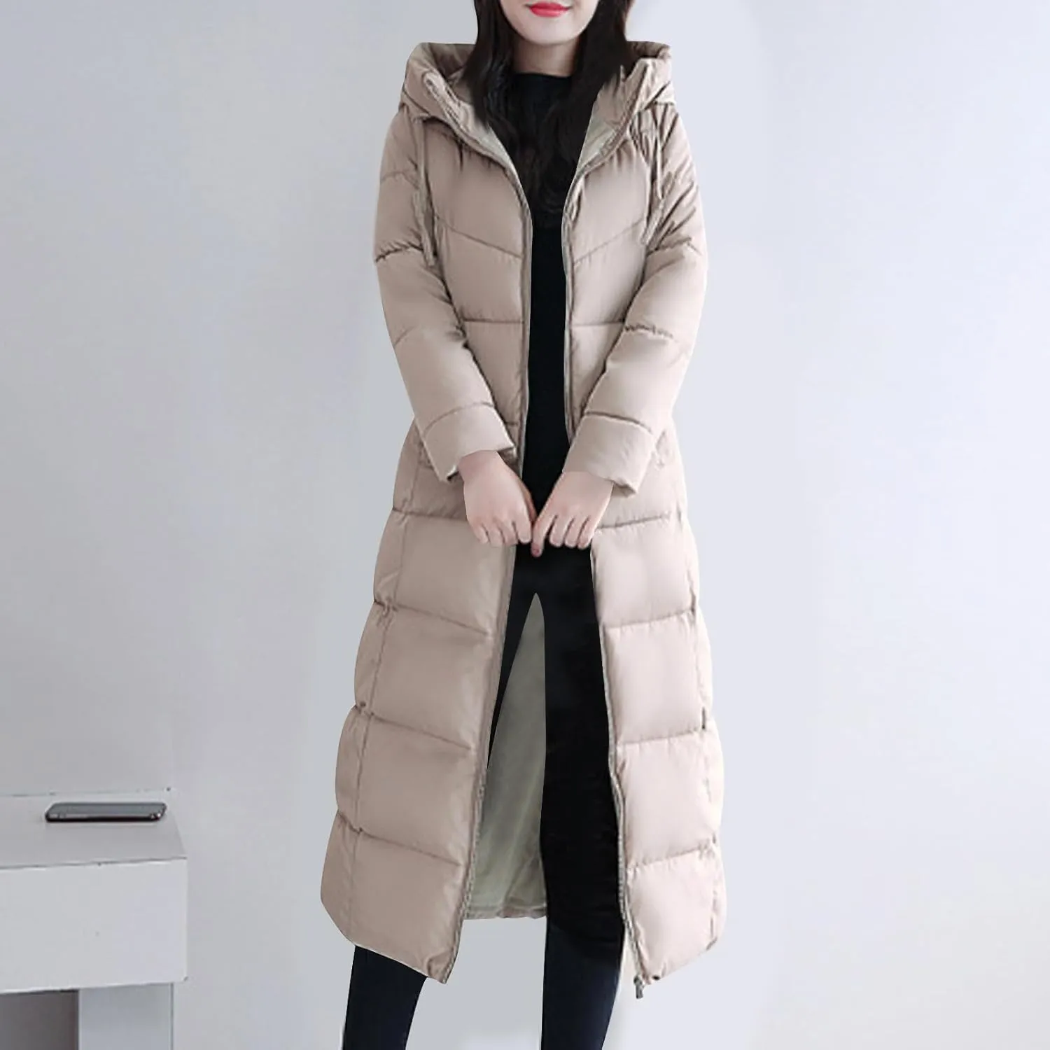 Women's Long Quilted Coat Maxi Length Long Sleeve Puffer Jacket Solid Hooded Padded Coats Thicken Warm Winter Outerwear