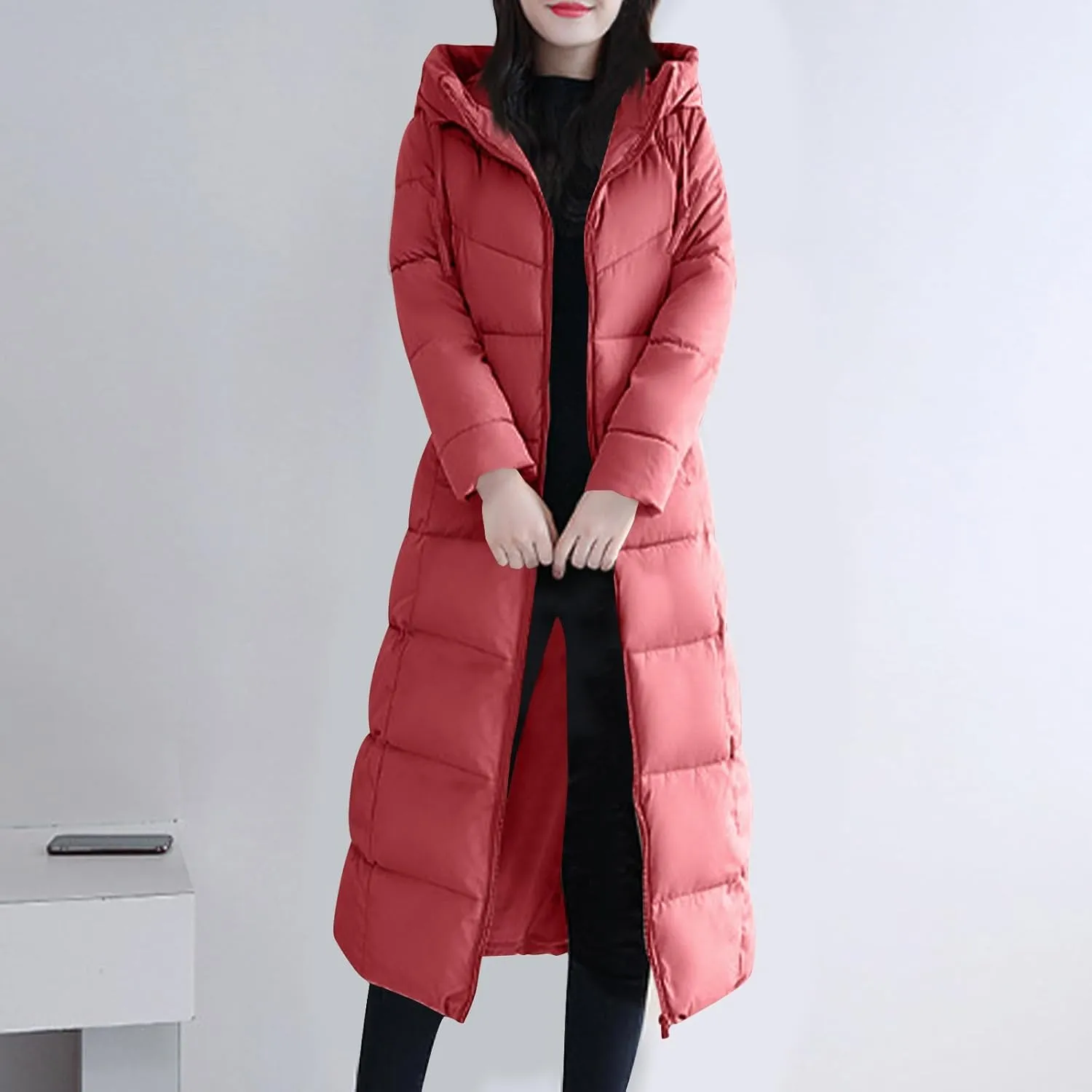 Women's Long Quilted Coat Maxi Length Long Sleeve Puffer Jacket Solid Hooded Padded Coats Thicken Warm Winter Outerwear