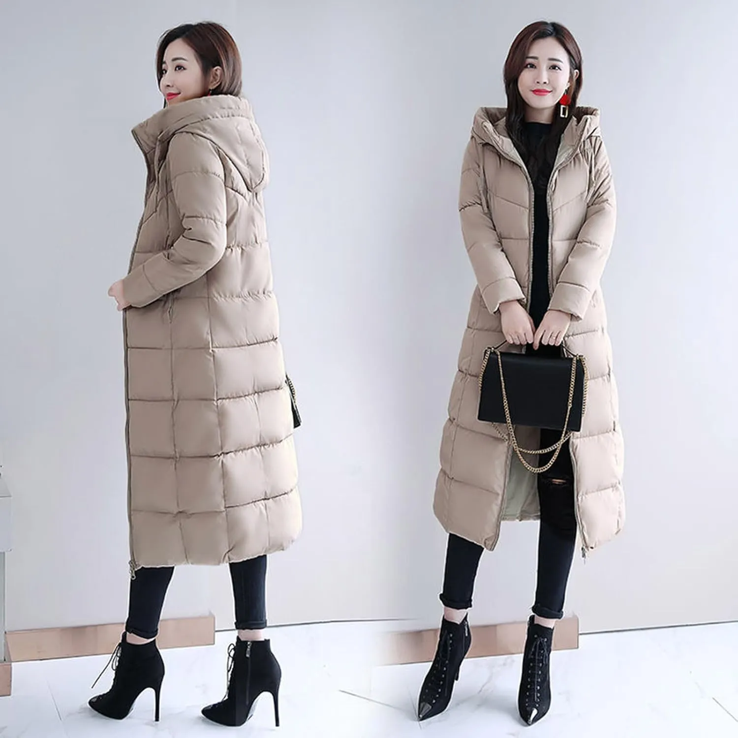 Women's Long Quilted Coat Maxi Length Long Sleeve Puffer Jacket Solid Hooded Padded Coats Thicken Warm Winter Outerwear