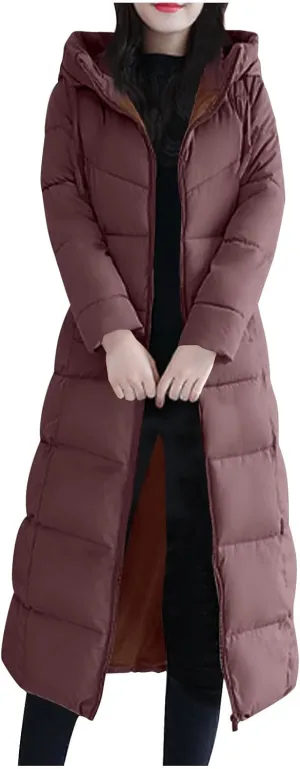 Women's Long Quilted Coat Maxi Length Long Sleeve Puffer Jacket Solid Hooded Padded Coats Thicken Warm Winter Outerwear