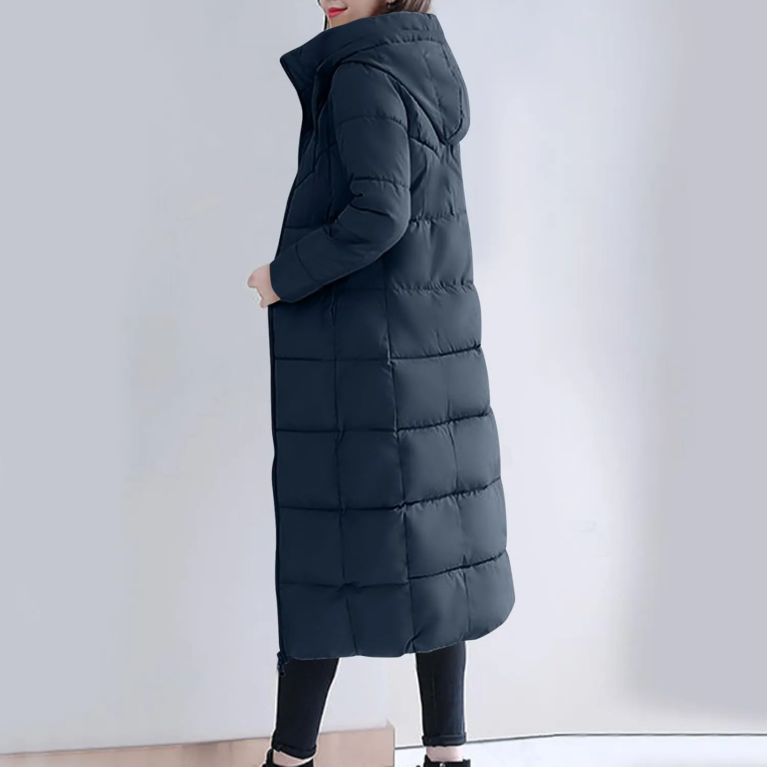 Women's Long Quilted Coat Maxi Length Long Sleeve Puffer Jacket Solid Hooded Padded Coats Thicken Warm Winter Outerwear