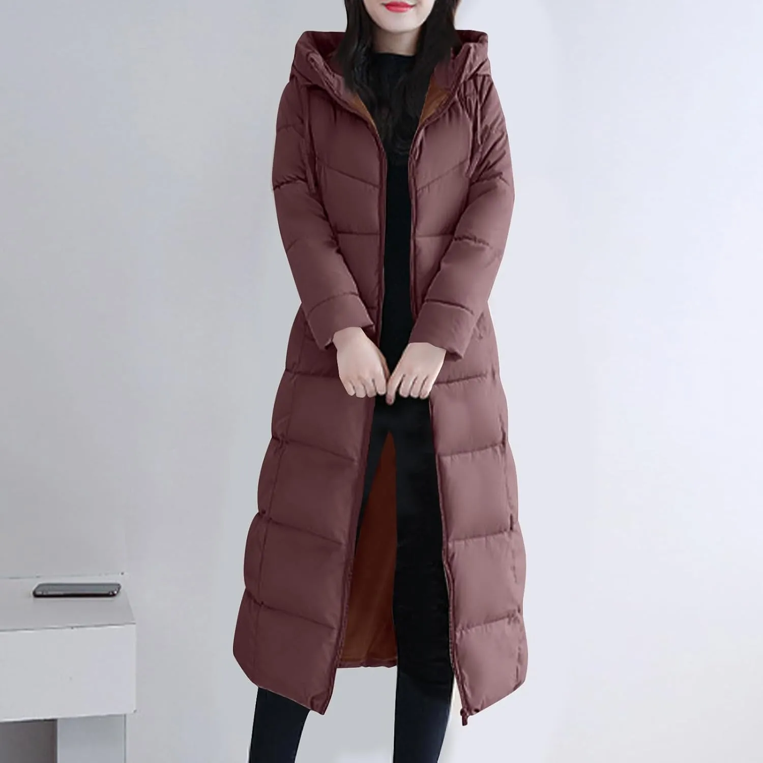 Women's Long Quilted Coat Maxi Length Long Sleeve Puffer Jacket Solid Hooded Padded Coats Thicken Warm Winter Outerwear