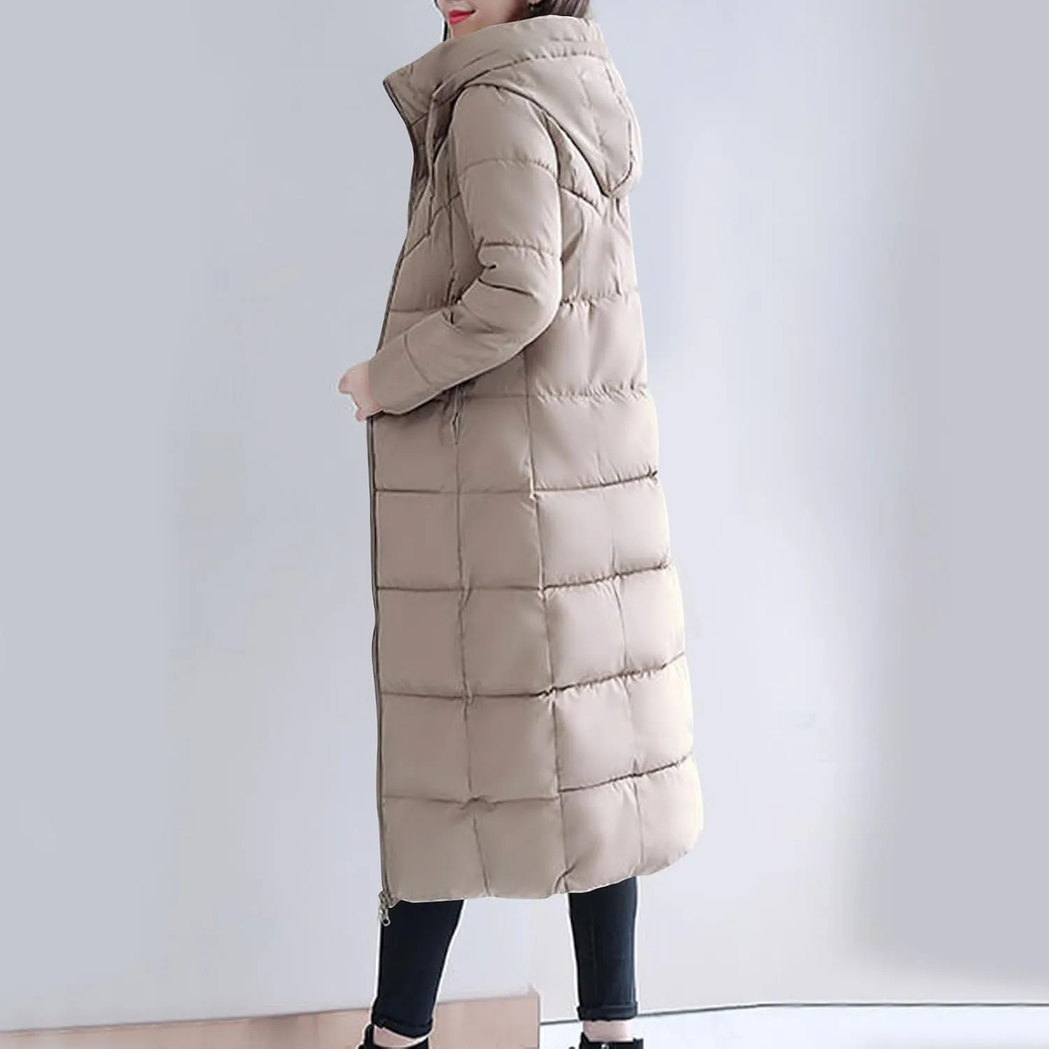 Women's Long Quilted Coat Maxi Length Long Sleeve Puffer Jacket Solid Hooded Padded Coats Thicken Warm Winter Outerwear