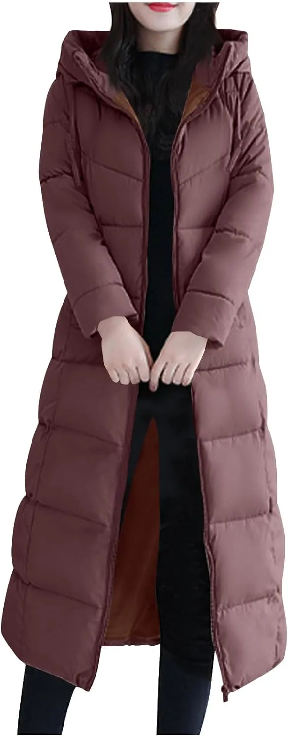 Women's Long Quilted Coat Maxi Length Long Sleeve Puffer Jacket Solid Hooded Padded Coats Thicken Warm Winter Outerwear