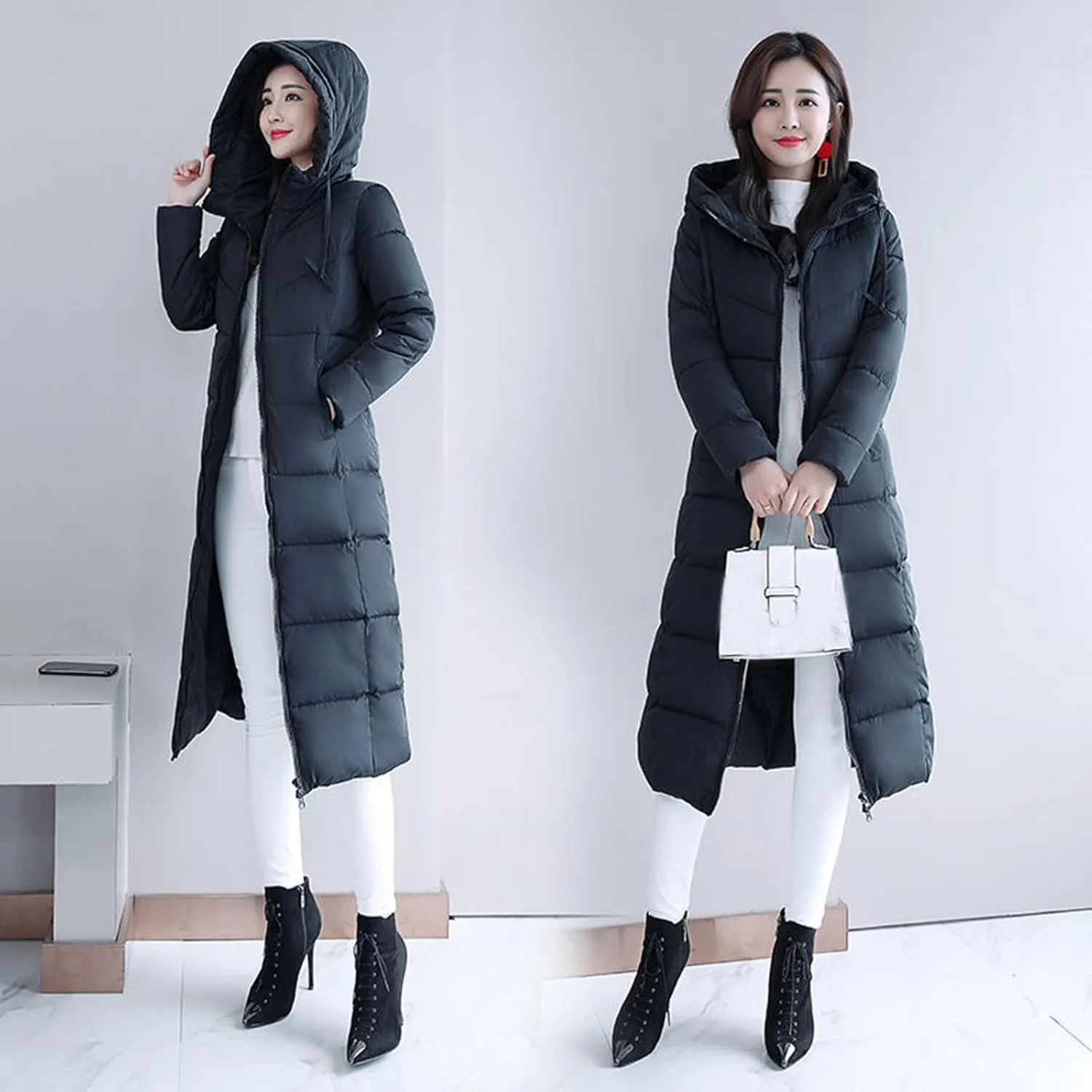 Women's Long Quilted Coat Maxi Length Long Sleeve Puffer Jacket Solid Hooded Padded Coats Thicken Warm Winter Outerwear