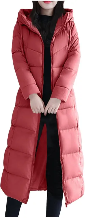 Women's Long Quilted Coat Maxi Length Long Sleeve Puffer Jacket Solid Hooded Padded Coats Thicken Warm Winter Outerwear