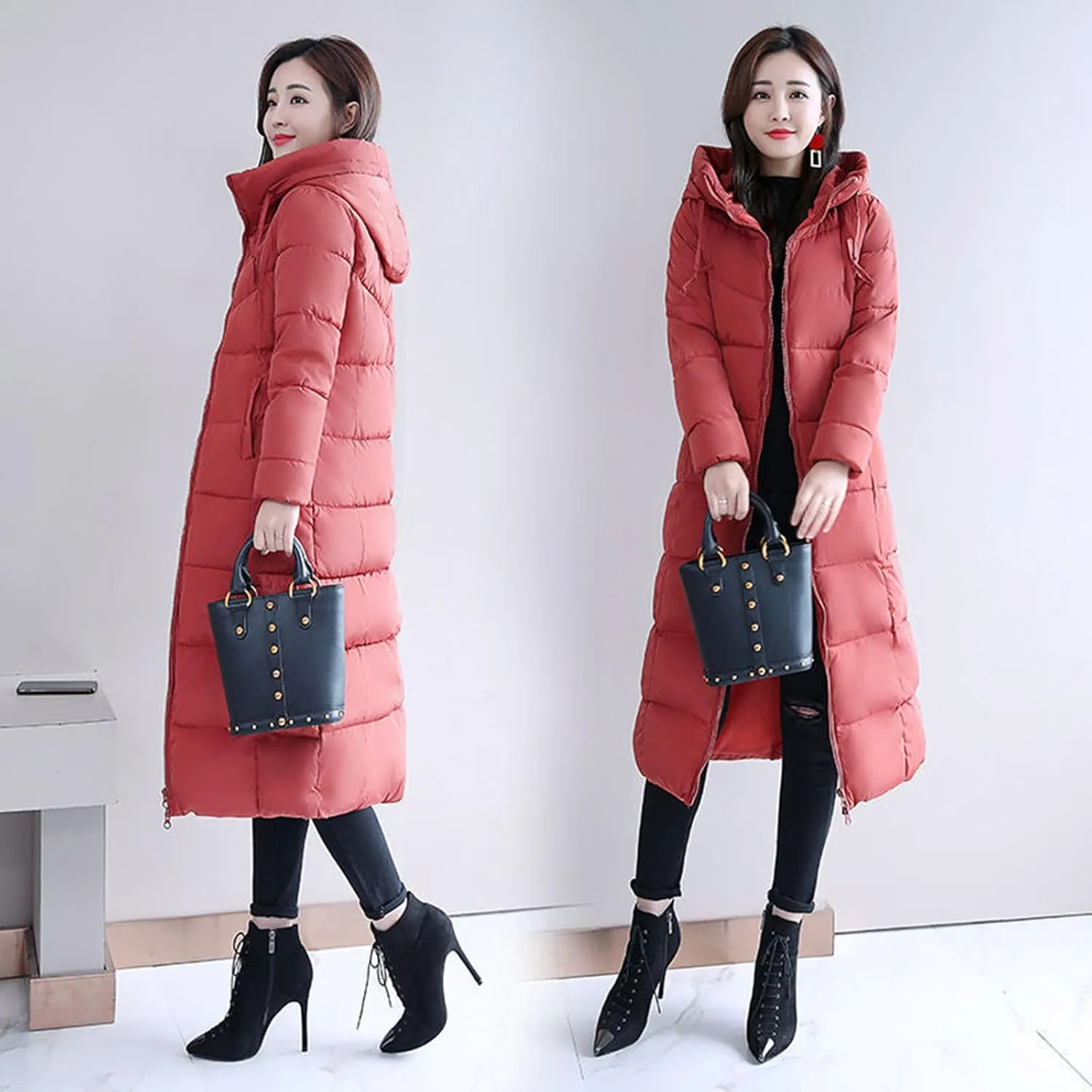 Women's Long Quilted Coat Maxi Length Long Sleeve Puffer Jacket Solid Hooded Padded Coats Thicken Warm Winter Outerwear