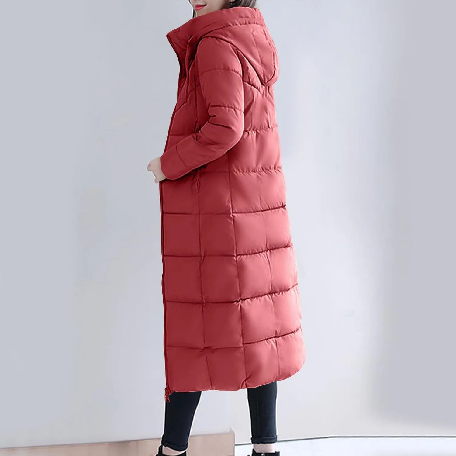 Women's Long Quilted Coat Maxi Length Long Sleeve Puffer Jacket Solid Hooded Padded Coats Thicken Warm Winter Outerwear